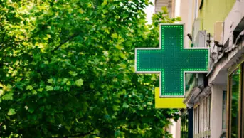 The green cross sign outside of a pharmacy