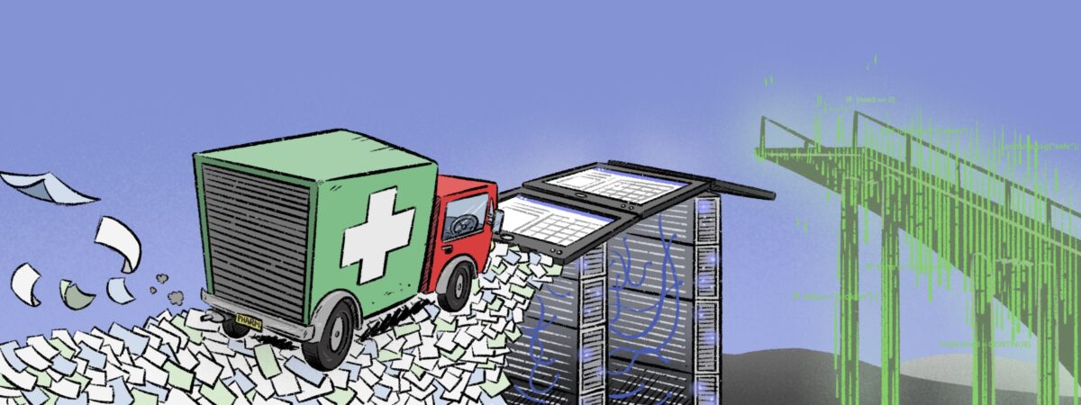 Illustration of a truck with a pharmacy symbol on the side barrelling towards an incomplete bridge, which ctarts lined with paper, turns into servers and screens by the first half, has a gap, and then a remaining segment on the other side which is built out of hallucinatory, incomplete green text and lines, which looks both solid and shape-shifting.