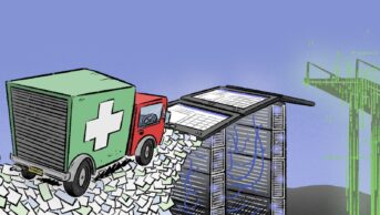 Illustration of a truck with a pharmacy symbol on the side barrelling towards an incomplete bridge, which ctarts lined with paper, turns into servers and screens by the first half, has a gap, and then a remaining segment on the other side which is built out of hallucinatory, incomplete green text and lines, which looks both solid and shape-shifting.