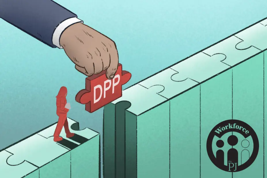 A hand reaches out putting a missing piece of puzzle of a bridge in place, allowing someone to cross