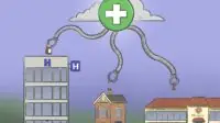 Illustration of a cloud with a pharmacy symbol on it dispensing to a hospital, home and hospice with mechanical arms