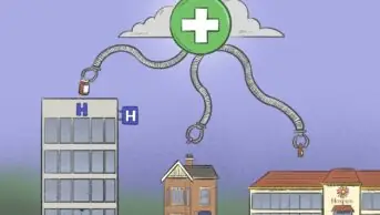 Illustration of a cloud with a pharmacy symbol on it dispensing to a hospital, home and hospice with mechanical arms