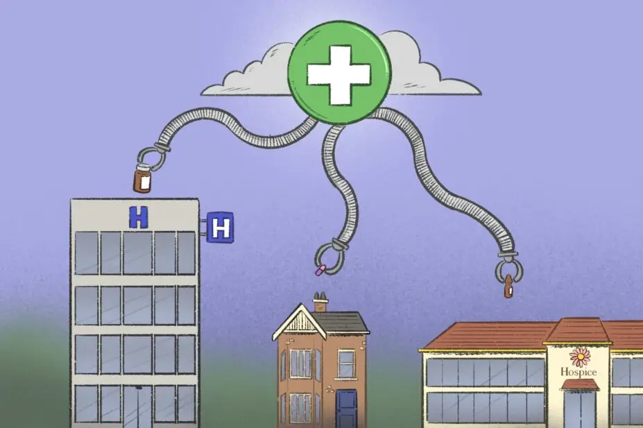 Illustration of a cloud with a pharmacy symbol on it dispensing to a hospital, home and hospice with mechanical arms