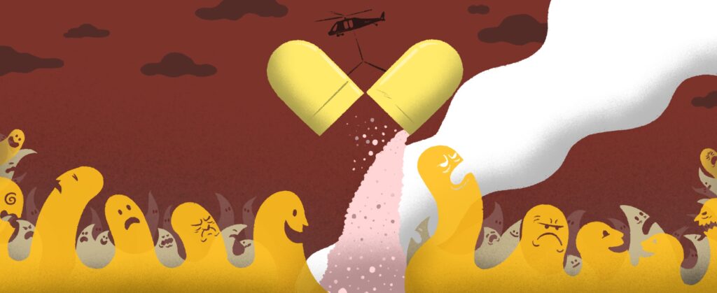 Illustration showing a wildfire of several layers of faces with different extreme emotions being smothered in the middle by a helicopter dousing the fire with the contents of an opening pill