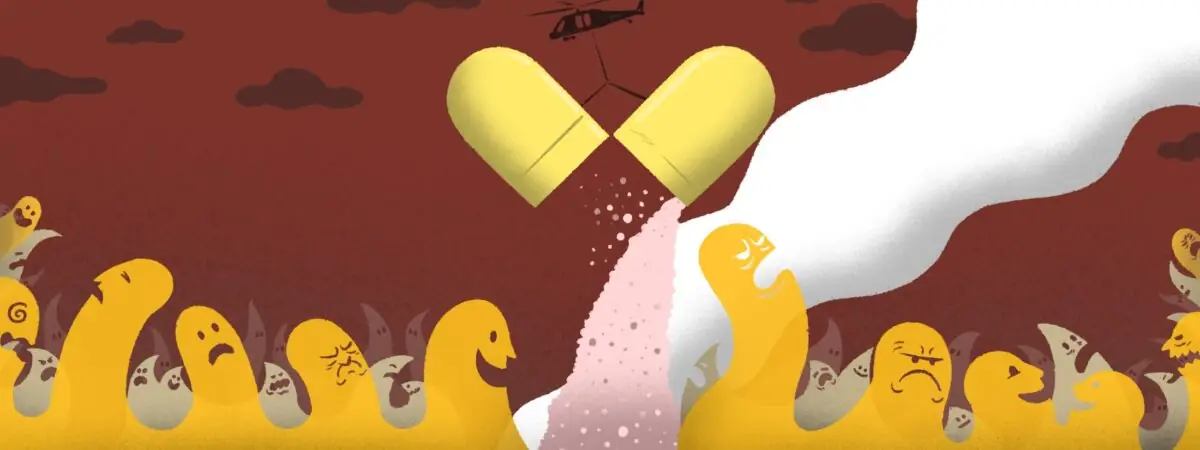 Illustration showing a wildfire of several layers of faces with different extreme emotions being smothered in the middle by a helicopter dousing the fire with the contents of an opening pill