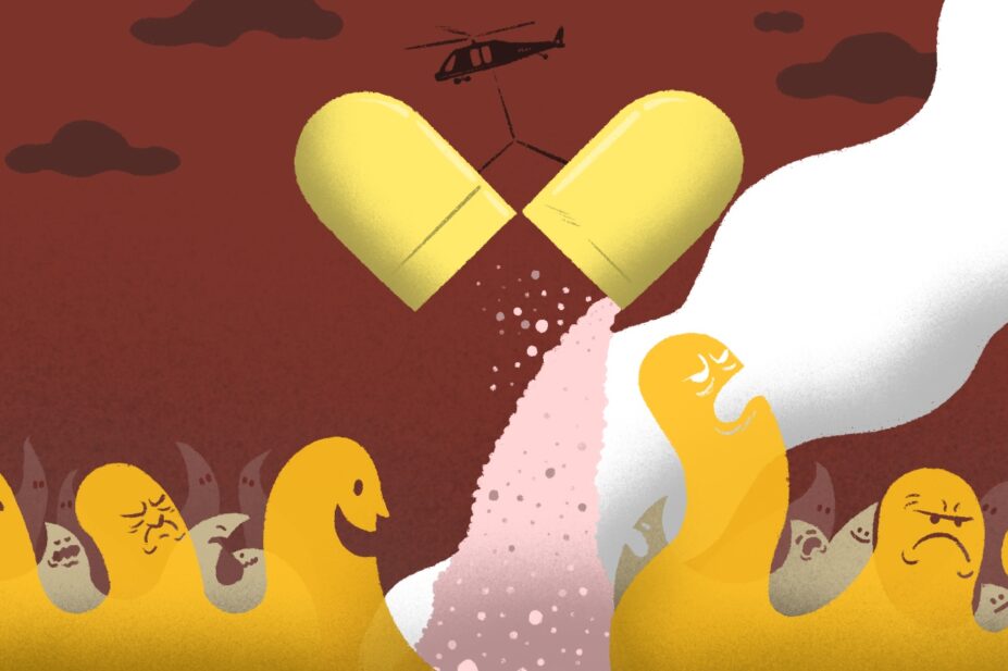 Illustration showing a wildfire of several layers of faces with different extreme emotions being smothered in the middle by a helicopter dousing the fire with the contents of an opening pill