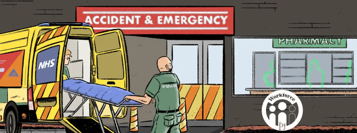 Illustration of an ambulance in front of an emergency room, with a window to the pharmacy area and silhouetted cutouts of absent pharmacists