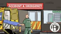 Illustration of an ambulance in front of an emergency room, with a window to the pharmacy area and silhouetted cutouts of absent pharmacists