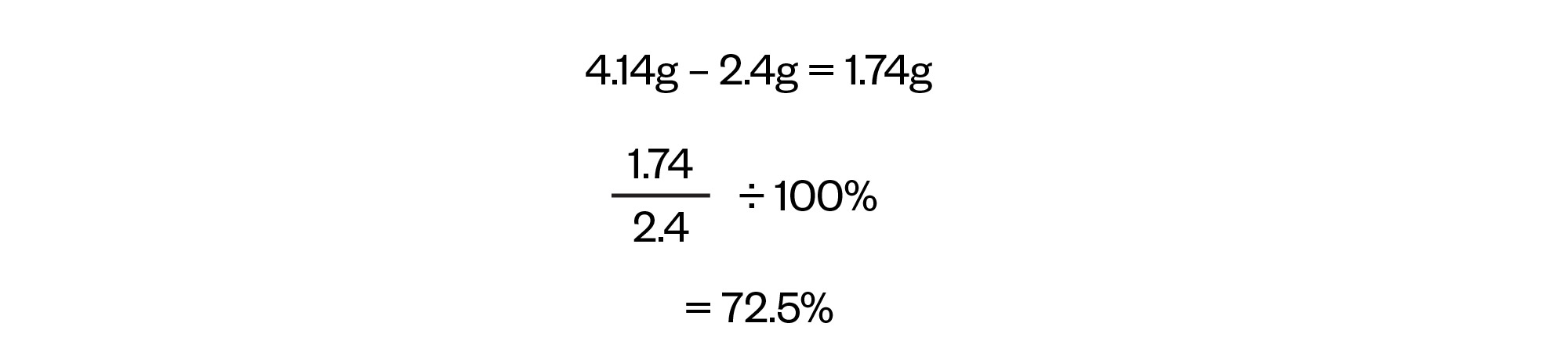 4.14g – 2.4g = 1.74g 
1.74 over 2.4 divided by 100% = 72.5%