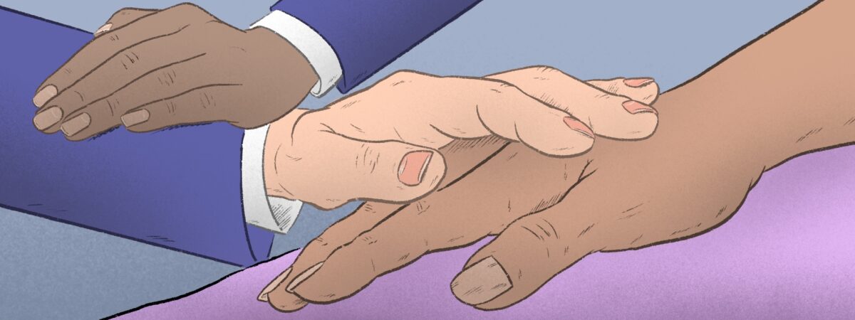 Illustration of a hand laying on another, calming, with another hand again resting on the top hand, a cycle of care