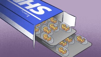 Illustration of a box of tablets with the NHS logo on the box saying 