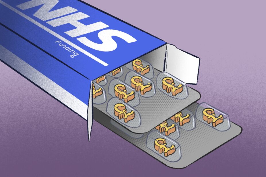 Illustration of a box of tablets with the NHS logo on the box saying 