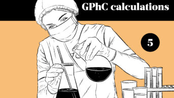 Illustration of a woman in lab gear pouring a flask into a beaker