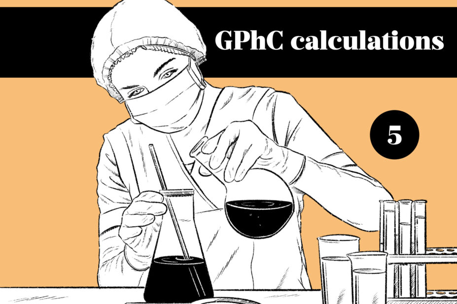 Illustration of a woman in lab gear pouring a flask into a beaker