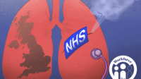 Illustration of a pair of lungs with the UK in the left lung and a leak in the right being plugged by the NHS logo and a stethoscope