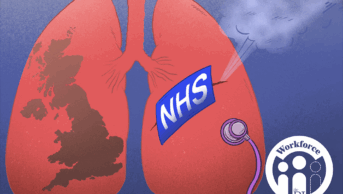 Illustration of a pair of lungs with the UK in the left lung and a leak in the right being plugged by the NHS logo and a stethoscope