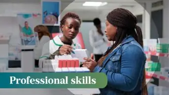 Photo of a patient talking to a pharmacist within a pharmacy