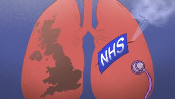 Illustration of a pair of lungs with the UK in the left lung and a leak in the right being plugged by the NHS logo and a stethoscope