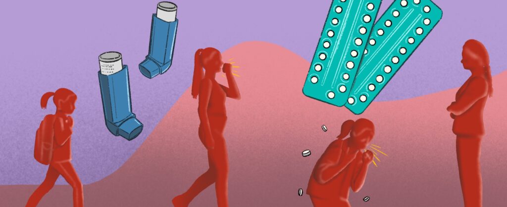 Illustration of a timeline of women throughout different life stages – child, puberty to adulthood, later adulthood and then post menopausal. The first three are coughing, with inhalers and contraceptive pills floating in the background.