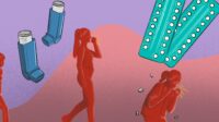 Illustration of a timeline of women throughout different life stages – child, puberty to adulthood, later adulthood and then post menopausal. The first three are coughing, with inhalers and contraceptive pills floating in the background.