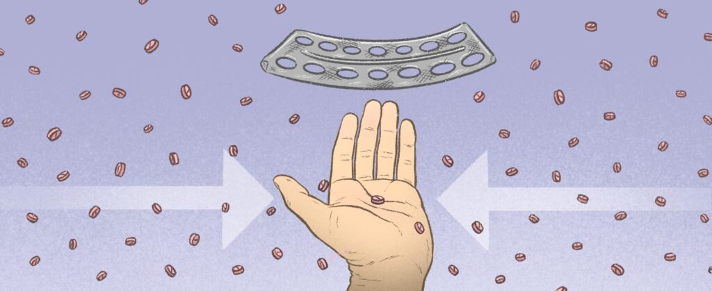 Illustration of a hand at centre, catching a few tablets falling from a blisterpack, surrounded by hundreds of tablets falling from the sky, missed