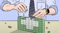 Illustration of a person in a tie building a green pharmacy cross our of lego