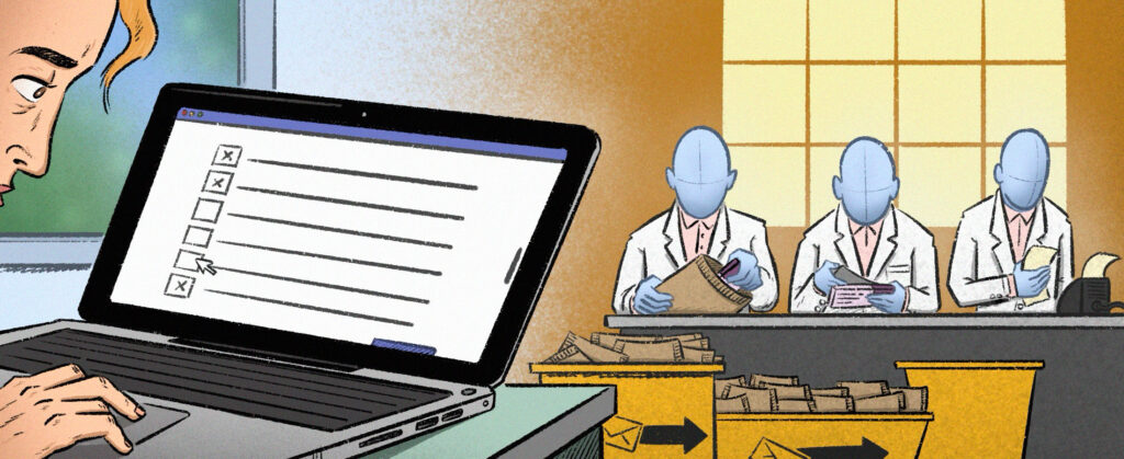 Illustration of a woman completing a questionaire on the lefthand side of the image, in a home, which fades into a factory on the righthand side of the image with three faceless people filling anonymous packages with medication