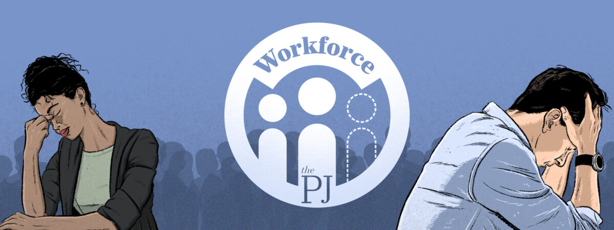 Illustration with a circular logo with the word workforce on it, bookended by two people clutching their heads in frustration and exhaustion