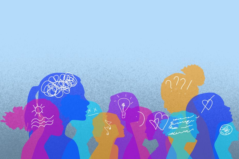Illustration of silhouettes of women's heads with scribbles and ideas on top