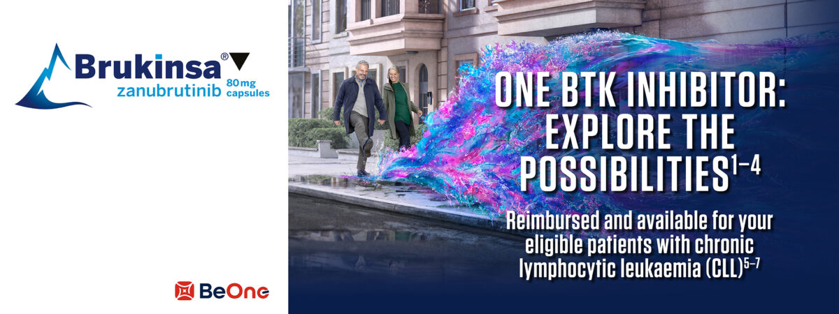 Brukinsa cover image, showing BeOne logo and headline 'One BTK inhibitor: explore the possibilities — reimbursed and available for your eligible patients with chronic lymphocytic leukaemia'