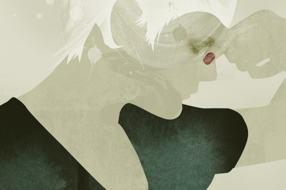 Woman with eyes closed pinching nose, illustration.
