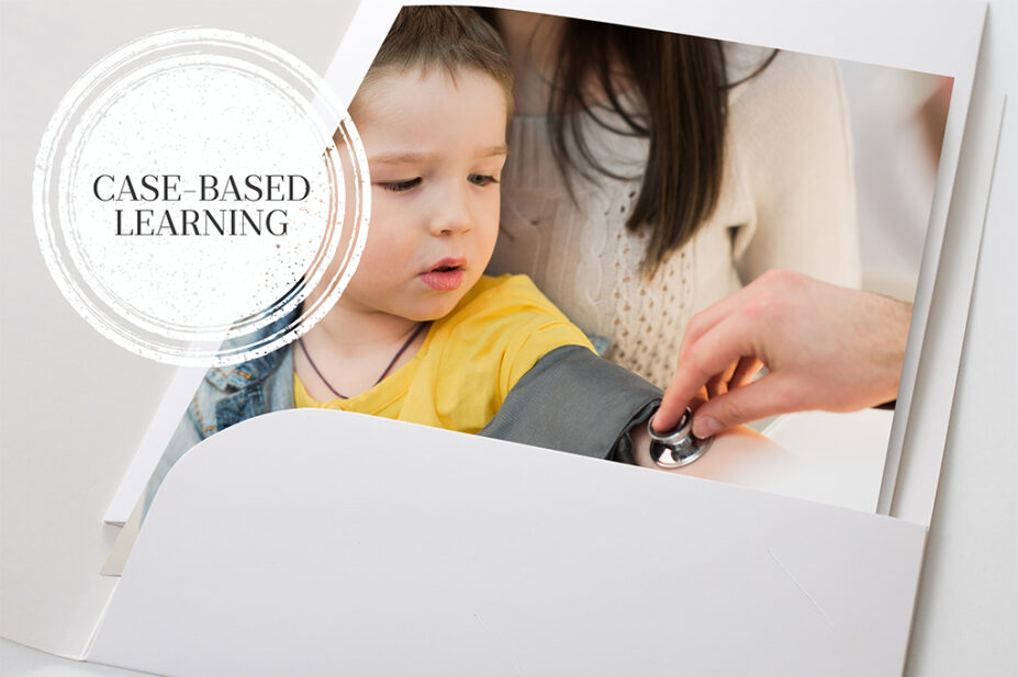 A picture of a case file with an image of a child being examined by doctor