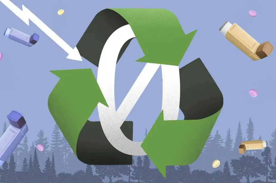 Illustration of a recycling symbol with a zero in the middle, surrounded by floating inhalers and pills