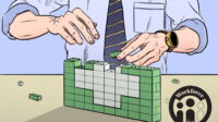 Illustration of a person in a tie building a green pharmacy cross our of lego
