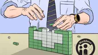 Illustration of a person in a tie building a green pharmacy cross our of lego