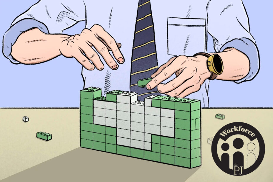 Illustration of a person in a tie building a green pharmacy cross our of lego