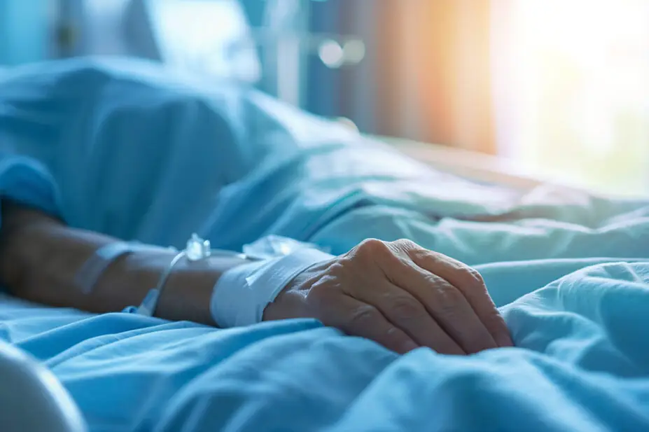 An elderly person lays in a hospital bed
