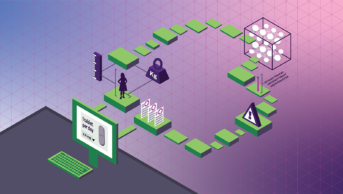 Behind computer with dosage on screen, process to work out correct dose is shown in isometric projection
