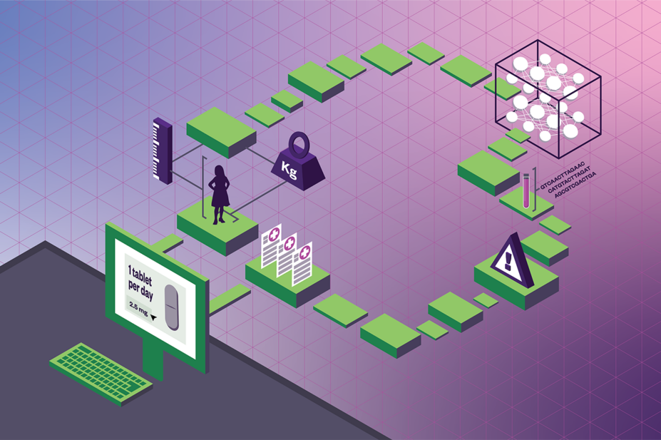 Behind computer with dosage on screen, process to work out correct dose is shown in isometric projection