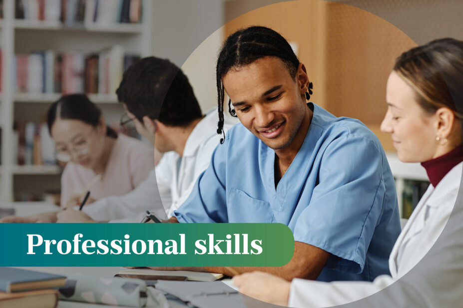 Diverse group of young medical professionals being taught at table during meeting