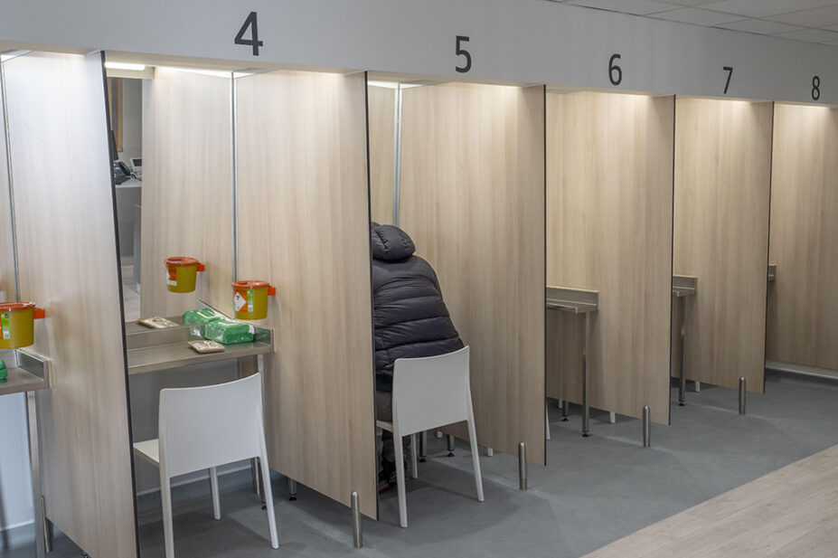 Photo of the injection bay areas at 'The Thistle' drugs consumption room at the NHS Enhanced Drug Treatment Facility at Hunter Street Health Centre in Glasgow