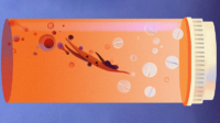 Abstract concept of a women swimming in a medicine bottle away from endometriosis cells and towards tablets, suggesting progress in treatment