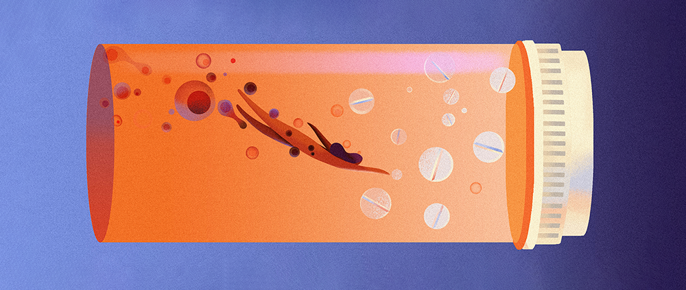 Abstract concept of a women swimming in a medicine bottle away from endometriosis cells and towards tablets, suggesting progress in treatment