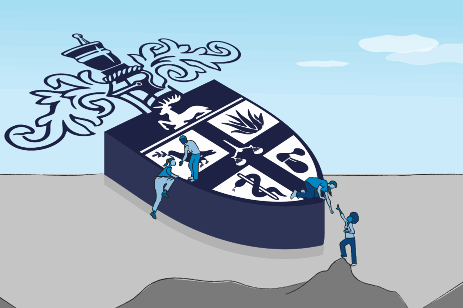 People climbing and being helped onto RPS crest