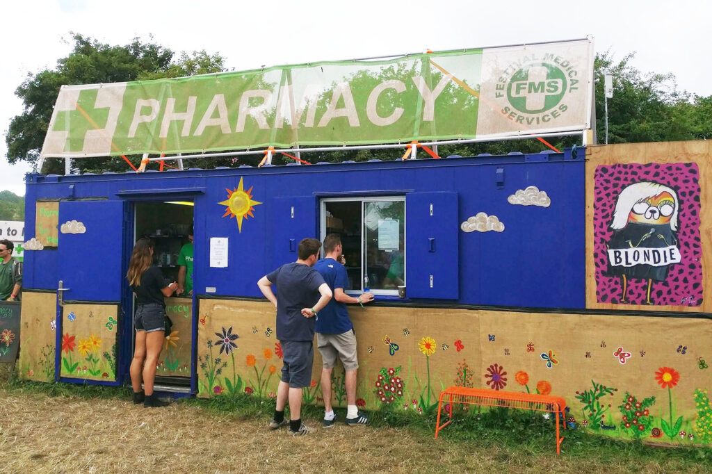 Temporary structure outside with pharmacy inside