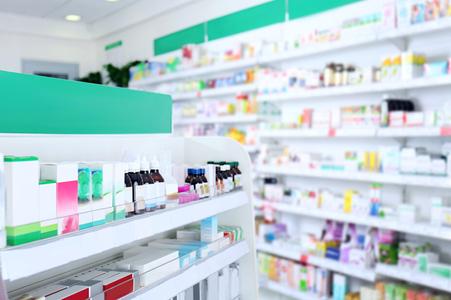 The stocked shelves inside a pharmacy