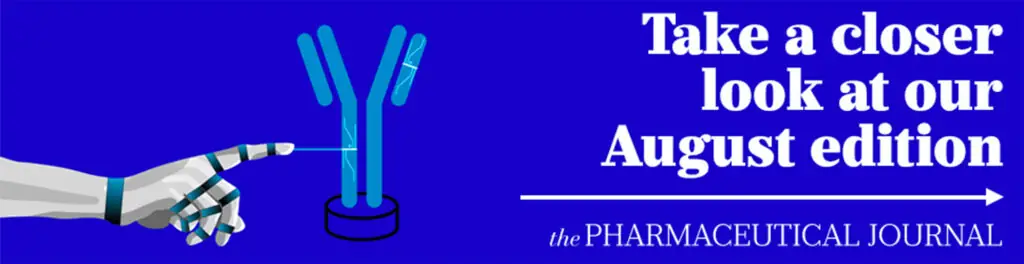 Banner showing AI arm reaching out to antibody and text "Take a closer look at our August edition"