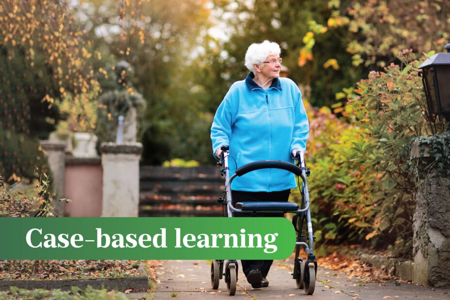 Older woman in blue jumper walks in leafy outside with walking aid