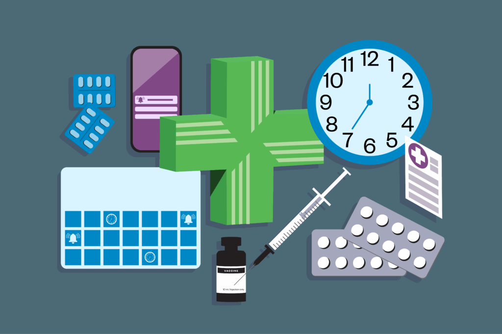 Collage of pharmacy green cross, clock, calendar, phone, pill packets and vaccine
