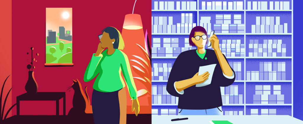 A split screen illustration showing a pharmacist in a dispensary on the phone to someone at home, suggestive of phone-based support